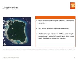 20© GfK 2016 | Turbo Event | February 2016
Gilligan’s Island
http://www.sawtoothsoftware.com/support/technical-papers/general-conjoint-analysis/assessing-the-monetary-value-of-attribute-levels-with-conjoint-analysis-warnings-and-suggestions-2001
• One of the most important aspects within WTP is the notion of
competition
• WPT will vary depending on what the competition is !
• The Sawtooth paper discusses the WTP of a person trying to
escape Gilligan’s island when there is only one way of escape
versus when there are multiply ways to escape