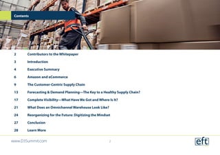 2	 Contributors to the Whitepaper
3	Introduction
4	 Executive Summary
6	 Amazon and eCommerce
9	 The Customer-Centric Supply Chain
13	 Forecasting & Demand Planning—The Key to a Healthy Supply Chain?
17	 Complete Visibility—What Have We Got and Where Is It?
21	 What Does an Omnichannel Warehouse Look Like?
24	 Reorganizing for the Future: Digitizing the Mindset
27	Conclusion
28	 Learn More
Contents
www.D3Summit.com 2
 