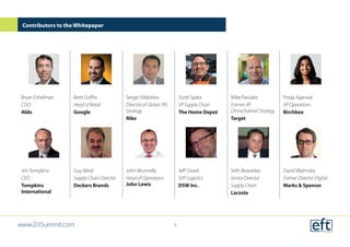 Bryan Eshelman
COO
Aldo
Brett Goffin
Head of Retail
Google
Sergio Villalobos
Director of Global 3PL
Strategy
Nike
Scott Spata
VP Supply Chain
The Home Depot
Mike Passales
Former VP
Omnichannel Strategy
Target
Pooja Agarwal
VP Operations
Birchbox
Jim Tompkins
CEO
Tompkins
International
Guy Meisl
Supply Chain Director
Deckers Brands
John Munnelly
Head of Operations
John Lewis
Jeff Girard
SVP Logistics
DSW Inc.
Seth Beardsley
Senior Director
Supply Chain
Lacoste
David Walmsley
Former Director Digital
Marks & Spencer
Contributors to the Whitepaper
www.D3Summit.com 3
 