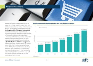 Digital technology is changing the world and the
way we live in it at an astonishing pace—and that
includes, of course, the way we buy and sell consumer
products.“eCommerce is changing everything,”says
JimTompkins, CEO ofTompkins International.
“I don’t care if you’re talking about real estate,
transportation, if you’re talking about retail customers
or if you’re talking about consumer products.”
Shopping on the internet, whether via PC, tablet
or the mobile phone, will dominate the retail
industry for the foreseeable future. According
to Brett Goffin, Head of Retail at Google,“Mall
footsteps went from 40 billion during the holiday
season of 2010 to 16 billion during the holiday
season of 2015. The reason it wasn’t such a huge
deal is that sales increased. So, if footsteps are
down and sales are up, why is that? Because the
customer is more informed and there is no such
thing as mall browsers anymore. All the mall
browsing now occurs online.”
Amazon and eCommerce
Retail e-commerce sales worldwide from 2014 to 2020 (in trillion U.S. dollars)
© Statista 2016
0
1
2
3
4
5
2020201920182017201620152014
U.S.D.(Trillion)
$1.336 tn
$1.558 tn
$1.915 tn*
$2.352 tn*
$2.860 tn*
$3.418 tn*
$4.058 tn*
*forecast estimate
www.D3Summit.com
1
7
 