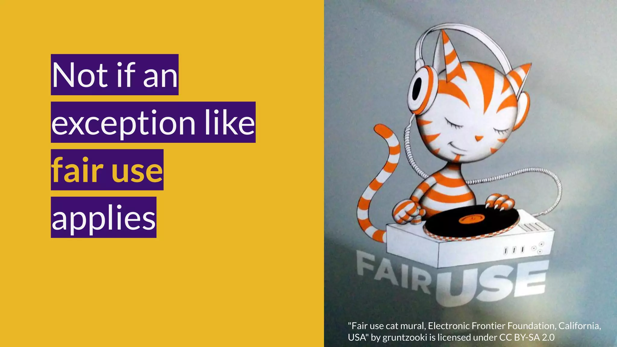 Not if an
exception like
fair use
applies
"Fair use cat mural, Electronic Frontier Foundation, California,
USA" by gruntzooki is licensed under CC BY-SA 2.0
 