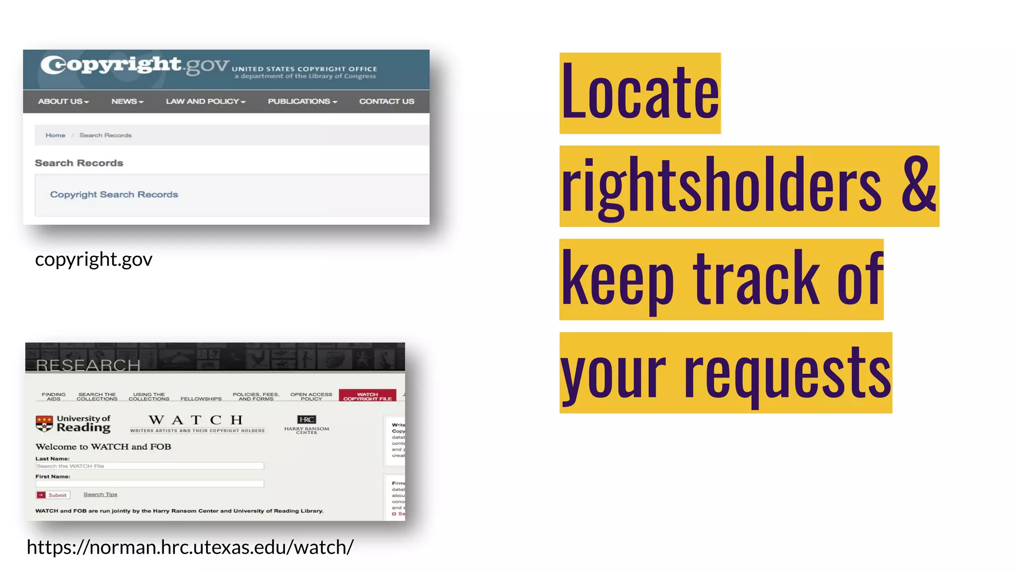 Locate
rightsholders &
keep track of
your requests
https://norman.hrc.utexas.edu/watch/
copyright.gov
 