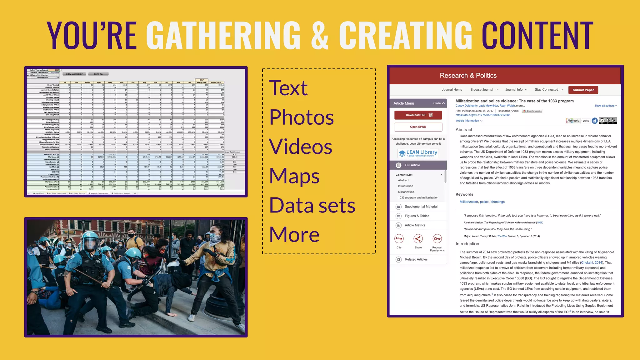 Text
Photos
Videos
Maps
Data sets
More
YOU’RE GATHERING & CREATING CONTENT
 