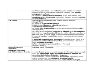 de oficinas, apresentar a sua profissão ou uma paixão, mas também
envolver os pais na construção dos saberes i.e. conseguir a sua adesão à
pedagogia do professor.
Se quisermos a democratização do ensino, só nos resta defender uma
pedagogia ativa e diferenciada, explicando-a aos pais e tentando onquistar
os mais renitentes.
7.4. Enrolar Nas relações com os pais devem ser evitadas algumas tentações:
(i) negar fatos;
(ii) insistir no seu caráter excepcional;
(iii) admitir que há pessoas indesejáveis na turma;
(iv) distanciar-se dos colegas;
(v) invocar falta de autoridade do EE; (vi) afirmar que o interlocutor não é
representativo;
(vii) referir as dificuldades das condições de trabalho ou de funcionamento,
(viii) lembrar o respeito aos territórios, etc. - Saber informar e envolver os
pais é ser capaz de utilizar apenas excepcionalmente este tipo de argumentos.
É assumir a incerteza e o conflito e aceitar a necessidade de instâncias de
regulação.
A parceria é uma construção permanente, onde tudo correrá melhor se os
professores aceitarem tomar a iniciativa, sem monopolizar a discussão,
dando provas de serenidade.
Refletir a Educação Competências de Ensino - Perrenoud
Fernando Cadima 10
Competências mais
específicas
Sugestões/Indicações
8. Utilizar novas Tecnologias
8.1. Utilizar editores de texto. A escola não pode ignorar as novas tecnologias de informação e da comunicação
(TIC), que transformam espectacularmente as nossas maneiras de
comunicar, de trabalhar, de decidir e de pensar.
Tradicionalmente, o ensino baseia-se em documentos. Um professor pouco
criativo contentar-se-á com a utilização do manual escolar.
Através das TIC, professores e alunos terão acesso a todos os mapas
 