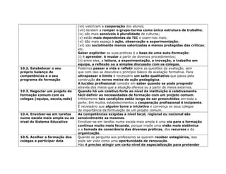 (vii) valorizam a cooperação dos alunos;
(viii) tendem a romper o grupo-turma como única estrutura de trabalho;
(ix) são mais sensíveis à pluralidade de culturas;
(x) estão mais dependentes da TIC e usam-nas mais;
(xi) dão mais espaço à ação, observação e experimentação;
(xii) são socialmente menos valorizadas e menos protegidas das críticas;
etc.
Saber explicitar as suas práticas é a base de uma auto-formação:
(i) é aprender, é mudar a partir de diversos procedimentos;
(ii) entre eles, a leitura, a experimentação, a inovação, o trabalho em
equipa, a reflexão ou a simples discussão com os colegas.
10.2. Estabelecer o seu
próprio balanço de
competências e o seu
programa de formação
Podemos passar a vida a refletir sobre as questões da avaliação, sem
que com isso se descubra o principio básico da avaliação formativa. Para
ultrapassar o limite é necessário um salto qualitativo que passa pela
construção de novos meios de ação pedagógica.
A lucidez profissional consiste em saber quando se pode progredir
através dos meios que a situação oferece ou a partir de meios externos.
10.3. Negociar um projeto de
formação comum com os
colegas (equipa, escola,rede)
Quando há um coletivo forte ao nível da instituição é relativamente
fácil definir as necessidades de formação com um projeto comum.
Infelizmente tais condições estão longe de ser preenchidas em toda a
parte; Em muitos estabelecimentos a cooperação profissional é incipiente.
É necessário que alguém tome a iniciativa e convença os seus colegas
da importância da formulação de um projeto comum.
10.4. Envolver-se em tarefas
numa escala mais ampla ou ao
nível do Sistema Educativo
As competências exigidas a nível local, regional ou nacional são
sensivelmente as mesmas.
Envolver-se em tarefas numa escala mais ampla é uma via para a formação
contínua muito mais fecunda, porque impõe uma visão mais sistêmica
e a tomada de consciência das diversas práticas, dos recursos e da
organização.
10.5. Acolher a formação dos
colegas e participar dela
Quando se pergunta aos professores se querem receber estagiários, isso
pode ser visto como uma oportunidade de renovação.
Mas é preciso atingir um certo nível de especialização para pretender
 