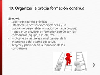 10. Organizar la propia formación continua
Ejemplos:
• Saber explicitar sus prácticas.
• Establecer un control de competen...