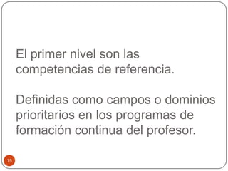 El primer nivel son las
     competencias de referencia.

     Definidas como campos o dominios
     prioritarios en los programas de
     formación continua del profesor.

15
 