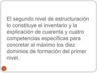 El segundo nivel de estructuración
     lo constituye el inventario y la
     explicación de cuarenta y cuatro
     competencias específicas para
     concretar al máximo los diez
     dominios de formación del primer
     nivel.
16
 