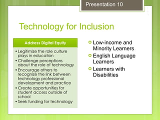 Technology for Inclusion
 Low-income and
Minority Learners
 English Language
Learners
 Learners with
Disabilities
Presentation 10
 