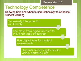 Technology Competence
Knowing how and when to use technology to enhance
student learning
Presentation 10
 