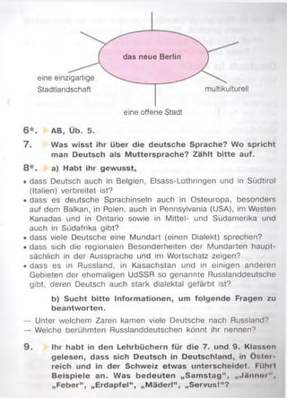 das neue Berlin
eine offene Stadt
eine einzigartige
Stadtlandschaft multikulturell
6 * . AB, Üb. 5.
7. Was wisst ihr über die deutsche Sprache? Wo spricht
man Deutsch als Muttersprache? Zählt bitte auf.
8 * . a) Habt ihr gewusst,
• dass Deutsch auch in Belgien, Elsass-Lothringen und in Südtirol
(Italien) verbreitet ist?
• dass es deutsche Sprachinseln auch in Osteuropa, besonders
auf dem Balkan, in Polen, auch in Pennsylvania (USA), im Westen
Kanadas und in Ontario sowie in Mittel- und Südamerika und
auch in Südafrika gibt?
• dass viele Deutsche eine Mundart (einen Dialekt) sprechen?
• dass sich die regionalen Besonderheiten der Mundarten haupt­
sächlich in der Aussprache und im Wortschatz zeigen?
• dass es in Russland, in Kasachstan und in einigen anderen
Gebieten der ehemaligen UdSSR so genannte Russlanddeutsche
gibt, deren Deutsch auch stark dialektal gefärbt ist?
b) Sucht bitte Informationen, um folgende Fragen zu
beantworten.
— Unter welchem Zaren kamen viele Deutsche nach Russland?
— Welche berühmten Russlanddeutschen könnt ihr nennen?
9. Ihr habt in den Lehrbüchern für die 7. und 9. Klassen
gelesen, dass sich Deutsch in Deutschland, in Östoi
reich und in der Schweiz etwas unterscheidet. Führ l
Beispiele an. Was bedeuten „Sam stag“, „Jännoi",
„Feber“, „Erdapfel“, „M äderl“, „Servus!“?
 