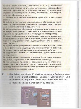 «ищи« |h i нимшления, описания и т. п.; возможны
пдимичнмм юксты из русских источников, фотографии, ,
lim унии, ||>|)1нмонты географических карт с подписями,
1 1 11п.шиИ I (икошорений, песен, пословицы, поговорки,
нфоризмы и т. п.).
И РиПшм няд любым проектом проходит в несколько
•ItllO II
I) m.»!н>|» и результате коллективного обсуждения проб-
мпми и инродоление конечного продукта (см., напри-
мпр, Нирочисленные в задании 1а);
.') 1 1 ui м||«1 доминие обязанностей между участниками (кто
«й имиум> информацию отвечает) и установление сроков
мершим «и* мродьявления и обсуждения материала;
I) мши с нн<|>ормации в учебниках, газетах и других не-
ммциои ..........ix и русских источниках, в том числе и в Ин-
1 Н|1Мй1 н (о* ущоствляется индивидуально или в неболь­
шим 'р у м м й х );
И Iн|нч 1МНРИИ0 результатов поиска в виде статей, схем
и I и ...........пнио индивидуальной и групповой работы);
0) КШ1Ш1 И1 ИШШО обсуждение проделанной работы;
м) »мррпкции, поиск и добавление дополнительной
информации;
/) ■н|мi|ui минип конечного продукта (сочетание индиви-
дуинмти, 1 рупмовой и коллективной работы);
м) про кип иция проекта с приглашением гостей: уча­
щим• м мру их классов, школ, учителей, родителей.
Мрпдяиритмьмо оговариваются действия каждого участ­
ники пропит на презентации.
DI« Ai beit an einem Projekt zu unserem Problem kann
mit dom Durchbiättern unserer Lehrbücher und
AiltelUhefte beginnen. Seht euch bitte das Bild an.
<*) Muht Ihr diese Lehrbücher zu Hause?
 