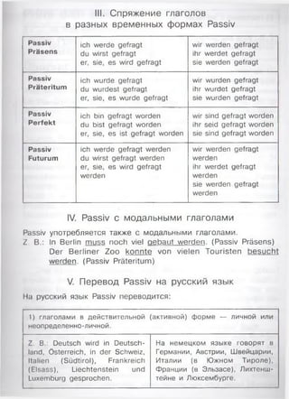 III. Спряжение глаголов
в разных временных формах Passiv
Passiv
Präsens
ich werde gefragt
du wirst gefragt
er, sie, es wird gefragt
wir werden gefragt
ihr werdet gefragt
sie werden gefragt
Passiv
Präteritum
ich wurde gefragt
du wurdest gefragt
er, sie, es wurde gefragt
wir wurden gefragt
ihr wurdet gefragt
sie wurden gefragt
Passiv
Perfekt
ich bin gefragt worden
du bist gefragt worden
er, sie, es ist gefragt worden
wir sind gefragt worden
ihr seid gefragt worden
sie sind gefragt worden
Passiv
Futurum
ich werde gefragt werden
du wirst gefragt werden
er, sie, es wird gefragt
werden
wir werden gefragt
werden
ihr werdet gefragt
werden
sie werden gefragt
werden
IV. Passiv с модальными глаголами
Passiv употребляется также с модальными глаголами.
/. В.: In Berlin muss noch viel gebaut werden. (Passiv Präsens)
Der Berliner Zoo konnte von vielen Touristen besucht
werden. (Passiv Präteritum)
V. Перевод Passiv на русский язык
Ha русский язык Passiv переводится:
1) глаголами в действительной (активной) форме — личной или
неопределенно-личной.
Z. B.: Deutsch wird in Deutsch­
land, Österreich, in der Schweiz,
Italien (Südtirol), Frankreich
(Eisass), Liechtenstein und
Luxemburg gesprochen.
На немецком языке говорят в
Германии, Австрии, Швейцарии,
Италии (в Южном Тироле),
Франции (в Эльзасе), Лихтенш­
тейне и Люксембурге.
 