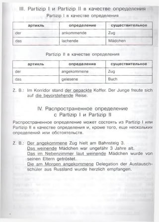 III. Partizip I и Partizip II в качестве определения
Partizip I в качестве определения
артикль определение существительное
der ankommende Zug
das lachende Mädchen
Partizip II в качестве определения
артикль определение существительное
der angekommene Zug
das gelesene Buch
Z. B.: Im Korridor stand der gepackte Koffer. Der Junge freute sich
auf die bevorstehende Reise.
IV. Распространенное определение
с Partizip I и Partizip II
Распространенное определение может состоять из Partizip I или
Partizip II в качестве определения и, кроме того, еще нескольких
определений или обстоятельств.
Z. В.: Der anaekommene Zug hielt am Bahnsteig 3.
Das weinende Mädchen war ungefähr 3 Jahre alt.
Das im Nebenzimmer laut weinende Mädchen wurde von
seinen Eltern getröstet.
Die am Morgen anaekommene Delegation der Austausch­
schüler aus Russland wurde herzlich empfangen.
 