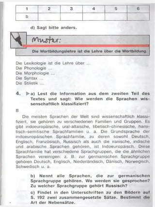 1 2 3 4 5 6
b
d) Sagt bitte anders.
Die Wortbildungslehre ist die Lehre über die Wortbildung.
Die Lexikologie ist die Lehre über ...
Die Phonologie ...
Die Morphologie ...
Die Syntax ...
Die Stilistik ...
4 . ► a) Lest die Inform ation aus dem zw eiten Teil des
Textes und sagt: W ie werden die Sprachen w is­
senschaftlich klassifiziert?
B
Die meisten Sprachen der Welt sind wissenschaftlich klassi­
fiziert, sie gehören zu verschiedenen Familien und Gruppen. Es
gibt indoeuropäische, ural-altaische, tibetisch-chinesische, hami-
tisch-semitische Sprachfamilien u. a. Die Grundsprache der
indoeuropäischen Sprachfamilie, zu deren sowohl Deutsch,
Englisch, Französisch, Russisch als auch die iranische, indische
und arabische Sprachen gehören, ist Indoeuropäisch. Diese
Sprachfamilie hat verschiedene Sprachgruppen, die die ähnlichen
Sprachen vereinigen: z. B. zur germanischen Sprachgruppe
gehören Deutsch, Englisch, Niederländisch, Dänisch, Norwegisch,
Schwedisch u. a.
b) Nennt alle Sprachen, die zur germ anischen
Sprachgruppe gehören. Wo werden sie gesprochen?
Zu welcher Sprachgruppe gehört Russisch?
c) Findet in den Unterschriften zu den Bildern auf
S. 192 zwei zusam m engesetzte Sätze. Bestimmt dio
Art der Nebensätze.
 