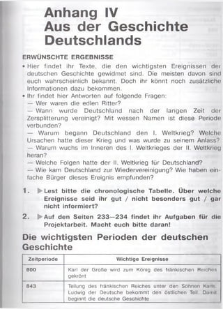 Anhang IV
Aus der Geschichte
Deutschlands
ERWÜNSCHTE ERGEBNISSE
• Hier findet ihr Texte, die den wichtigsten Ereignissen der
deutschen Geschichte gewidmet sind. Die meisten davon sind
euch wahrscheinlich bekannt. Doch ihr könnt noch zusätzliche
Informationen dazu bekommen.
• Ihr findet hier Antworten auf folgende Fragen:
— Wer waren die edlen Ritter?
— Wann wurde Deutschland nach der langen Zeit der
Zersplitterung vereinigt? Mit wessen Namen ist diese Periode
verbunden?
— Warum begann Deutschland den I. Weltkrieg? Welche
Ursachen hatte dieser Krieg und was wurde zu seinem Anlass?
— Warum wuchs im Inneren des I. Weltkrieges der II. Weltkrieg
heran?
— Welche Folgen hatte der II. Weltkrieg für Deutschland?
— Wie kam Deutschland zur Wiedervereinigung? Wie haben ein
fache Bürger dieses Ereignis empfunden?
1. I^Lest bitte die chronologische Tabelle. Über welche
Ereignisse seid ihr gut / nicht besonders gut / gar
nicht informiert?
2 . ► Auf den Seiten 2 3 3 —234 findet ihr Aufgaben für die
Projektarbeit. M acht euch bitte daran!
Die wichtigsten Perioden der deutschen
Geschichte
Zeitperiode Wichtige Ereignisse
800 Karl der Große wird zum König des fränkischen Reiches
gekrönt
843 Teilung des fränkischen Reiches unter den Söhnen Kail-.
Ludwig der Deutsche bekommt den östlichen Teil. Dmnll
beginnt die deutsche Geschichte
 