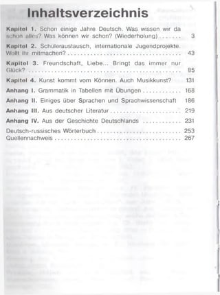 Inhaltsverzeichnis
Kapitol 1. Schon einige Jahre Deutsch. Was wissen wir da
Million alles? Was können wir schon? (Wiederholung)............ 3
Kapitel 2. Schüleraustausch, internationale Jugendprojekte.
Wollt Ihr mitmachen?...................................................................... 43
Kapitel 3. Freundschaft, Liebe... Bringt das immer nur
Glück? .............................................................................................. 85
Kapitel 4. Kunst kommt vom Können. Auch Musikkunst? 131
Anhang I. Grammatik in Tabellen mit Übungen........................ 168
Anhang II. Einiges über Sprachen und Sprachwissenschaft 186
Anhang III. Aus deutscher Literatur........................................... 219
Anhang IV. Aus der Geschichte Deutschlands ....................... 231
Deutsch-russisches Wörterbuch................................................... 253
Quellennachweis.............................................................................. 267
 
