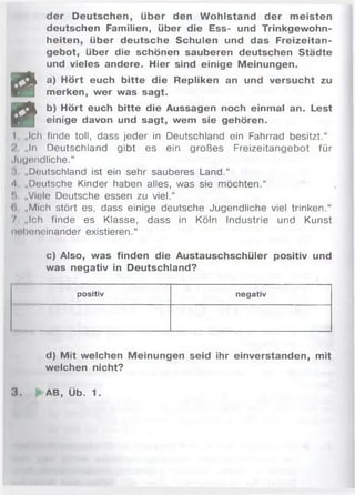 der Deutschen, über den W ohlstand der m eisten
deutschen Familien, über die Ess- und Trinkgewohn­
heiten, über deutsche Schulen und das Freizeitan­
gebot, über die schönen sauberen deutschen Städte
und vieles andere. Hier sind einige Meinungen.
Ö
a) Hört euch bitte die Repliken an und versucht zu
merken, wer was sagt.
a
b) Hört euch bitte die Aussagen noch einmal an. Lest
einige davon und sagt, wem sie gehören.
I „Ich finde toll, dass jeder in Deutschland ein Fahrrad besitzt.“
„In Deutschland gibt es ein großes Freizeitangebot für
Jugendliche.“
I „Deutschland ist ein sehr sauberes Land.“
4 „Deutsche Kinder haben alles, was sie möchten.“
!) „Viele Deutsche essen zu viel.“
(> „Mich stört es, dass einige deutsche Jugendliche viel trinken.“
f „Ich finde es Klasse, dass in Köln Industrie und Kunst
iH'l»ineinander existieren.“
c) Also, was finden die Austauschschüler positiv und
was negativ in Deutschland?
positiv negativ
d) Mit welchen Meinungen seid ihr einverstanden, mit
welchen nicht?
3. AB, Üb. 1.
 