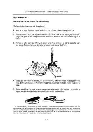 LABORATORIO DE MICROBIOLOGÍA – OBTENCIÓN DE CULTIVOS PUROS
__________________________________________________________________

PROCEDIMIENTO

Preparación de las placas de aislamiento

(Cada estudiante preparará dos placas)

1. Marcar la tapa de cada placa estéril con su número de equipo y la fecha.

2. Fundir en un baño de agua hirviendo los tubos con 20 mL de agar nutritivo1,
   luego de que estén completamente fundidos, colocar en un baño de agua a
   50°C.

3. Tomar el tubo con los 20 mL de agar fundido y enfriado a 50°C, secarlo bien
   por fuera, flamear la boca del tubo y verter en la placa de Petri.




4. Después de verter el medio, si es necesario, rotar la placa cuidadosamente
   para distribuir el agar en forma homogénea, teniendo cuidado de no salpicar la
   tapa.

5. Dejar solidificar, lo cual ocurre en aproximadamente 10 minutos y proceder a
   secar las placas abiertas y en posición invertida en la estufa.




1
 Con fines didácticos y por razones de índole económica, las muestras suministradas a los alumnos han sido
contaminadas con gérmenes que se desarrollan bien en agar nutritivo, por tal motivo, éste será el medio de
cultivo que utilizarán para el trabajo de aislamiento. Sin embargo, debe recordarse que, el o los medios de
cultivo a utilizar para el aislamiento, se seleccionarán basándose en los requerimientos de los microorganis-
mos más frecuentemente encontrados en la muestra analizada.



                                                    4.3
 