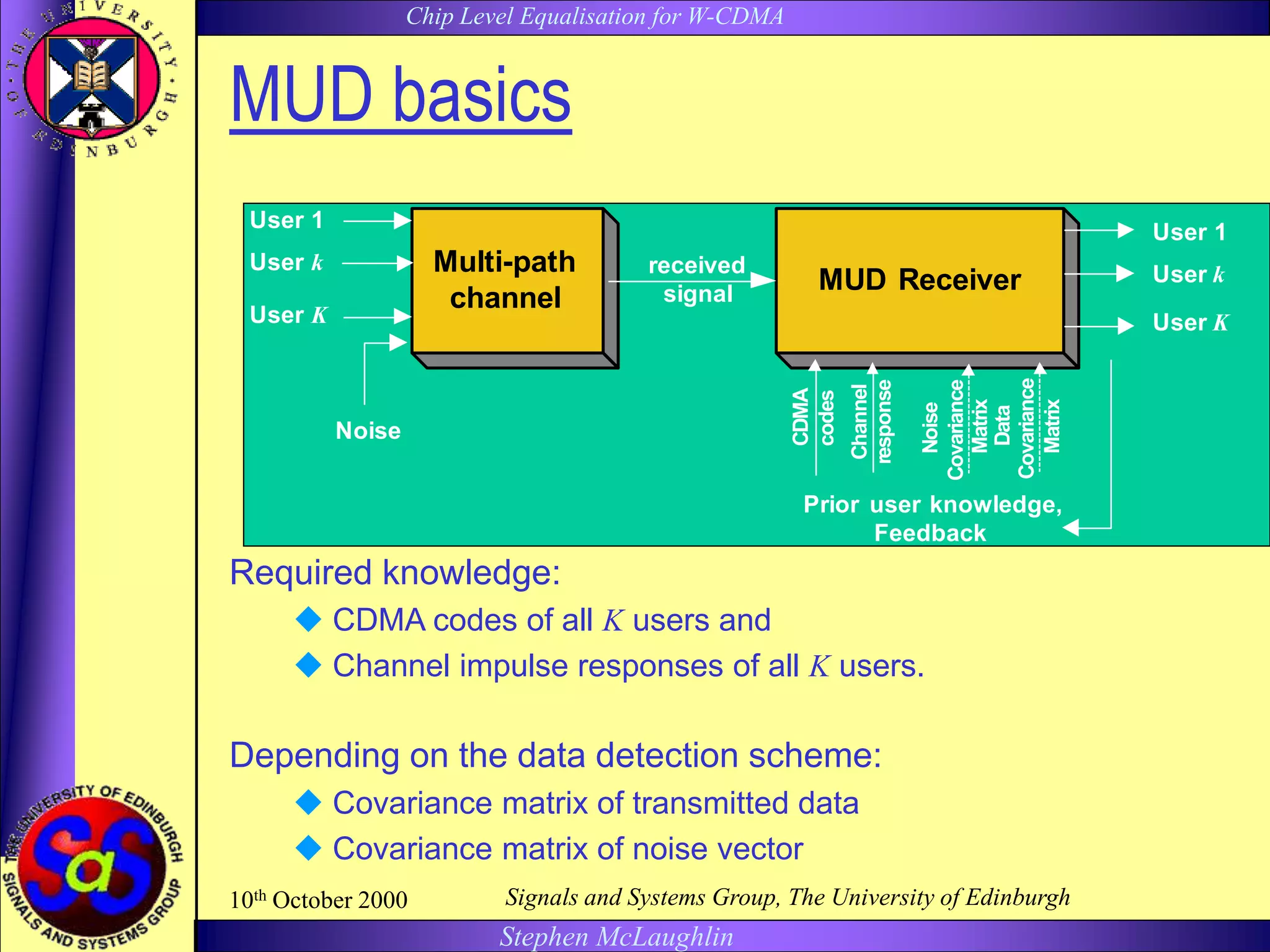 Chip Level Equalisation for W-CDMA
Stephen McLaughlin
10th October 2000 Signals and Systems Group, The University of Edinburgh
MUD basics
Required knowledge:
 CDMA codes of all K users and
 Channel impulse responses of all K users.
Depending on the data detection scheme:
 Covariance matrix of transmitted data
 Covariance matrix of noise vector
MUD Receiver
User 1
Prior user knowledge,
Feedback
Multi-path
channel
Noise
CDMA
codes
Channel
response
Noise
Covariance
Matrix
Data
Covariance
Matrix
received
signal
User k
User K
User 1
User k
User K
 