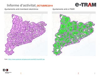 Ajuntaments amb tramitació electrònica Ajuntaments amb e-TRAM
Informe d’activitat_OCTUBRE2014
Font: http://www.geolocal.cat/geoLocal/visorAOC/visorAOC.jsp
 