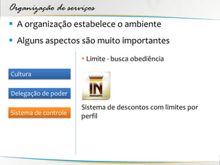 Organização de serviços
 A organização estabelece o ambiente
 Alguns aspectos são muito importantes
                       Limite - busca obediência

Cultura

Delegação de poder

                      Sistema de descontos com limites por
Sistema de controle
                      perfil
 