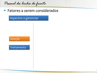 Pessoal da linha de frente
 Fatores a serem considerados
   Aspectos a gerenciar




   Seleção

   Treinamento
 