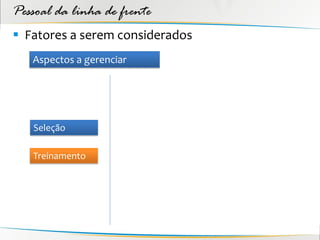 Pessoal da linha de frente
 Fatores a serem considerados
   Aspectos a gerenciar




   Seleção

   Treinamento
 
