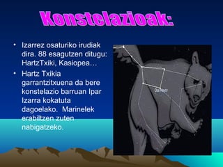 • Izarrez osaturiko irudiak
dira. 88 esagutzen ditugu:
HartzTxiki, Kasiopea…
• Hartz Txikia
garrantzitxuena da bere
konstelazio barruan Ipar
Izarra kokatuta
dagoelako. Marinelek
erabiltzen zuten
nabigatzeko.
 