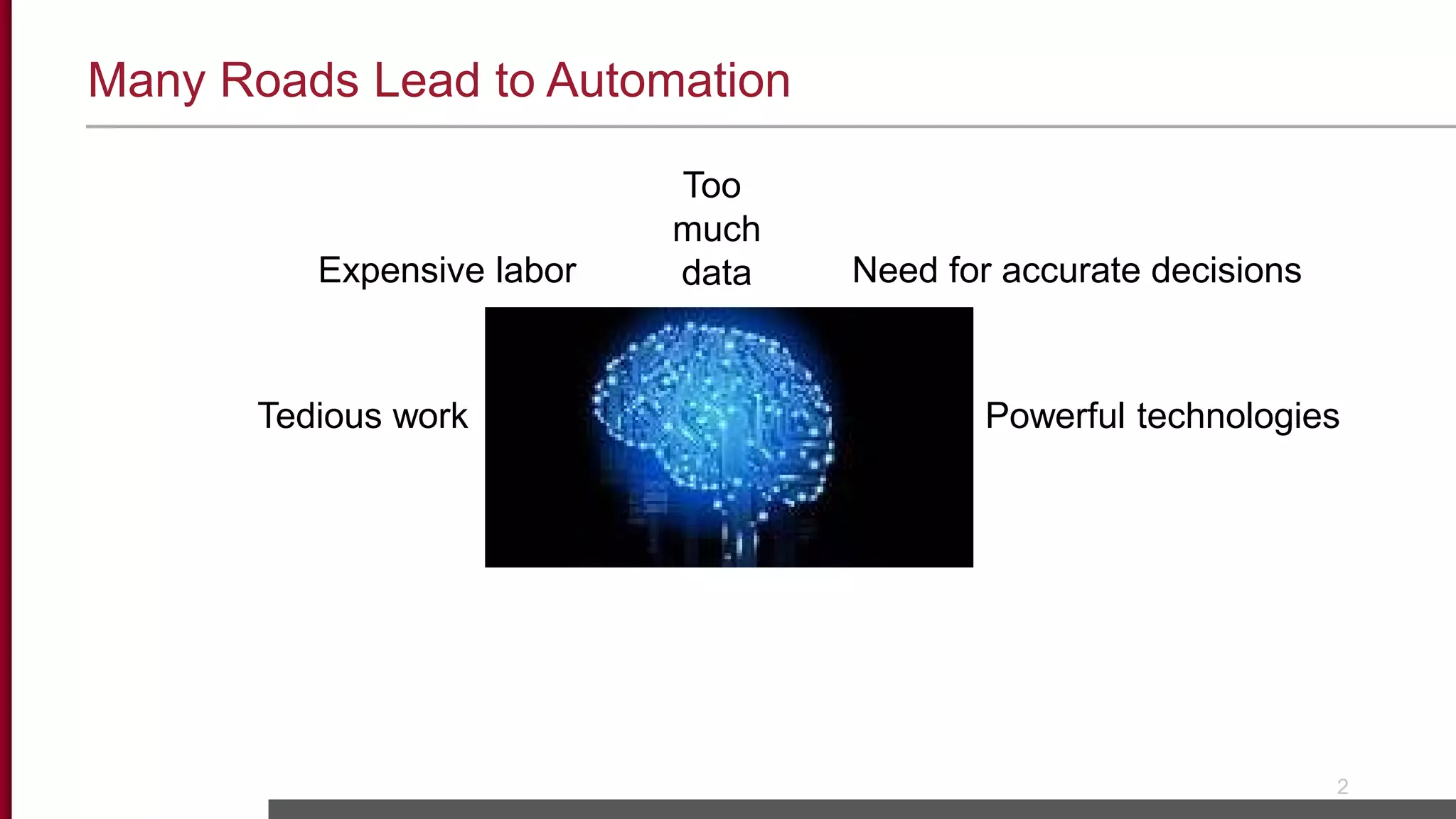 Many Roads Lead to Automation
2
Tedious work
Expensive labor
Too
much
data Need for accurate decisions
Powerful technologies
 