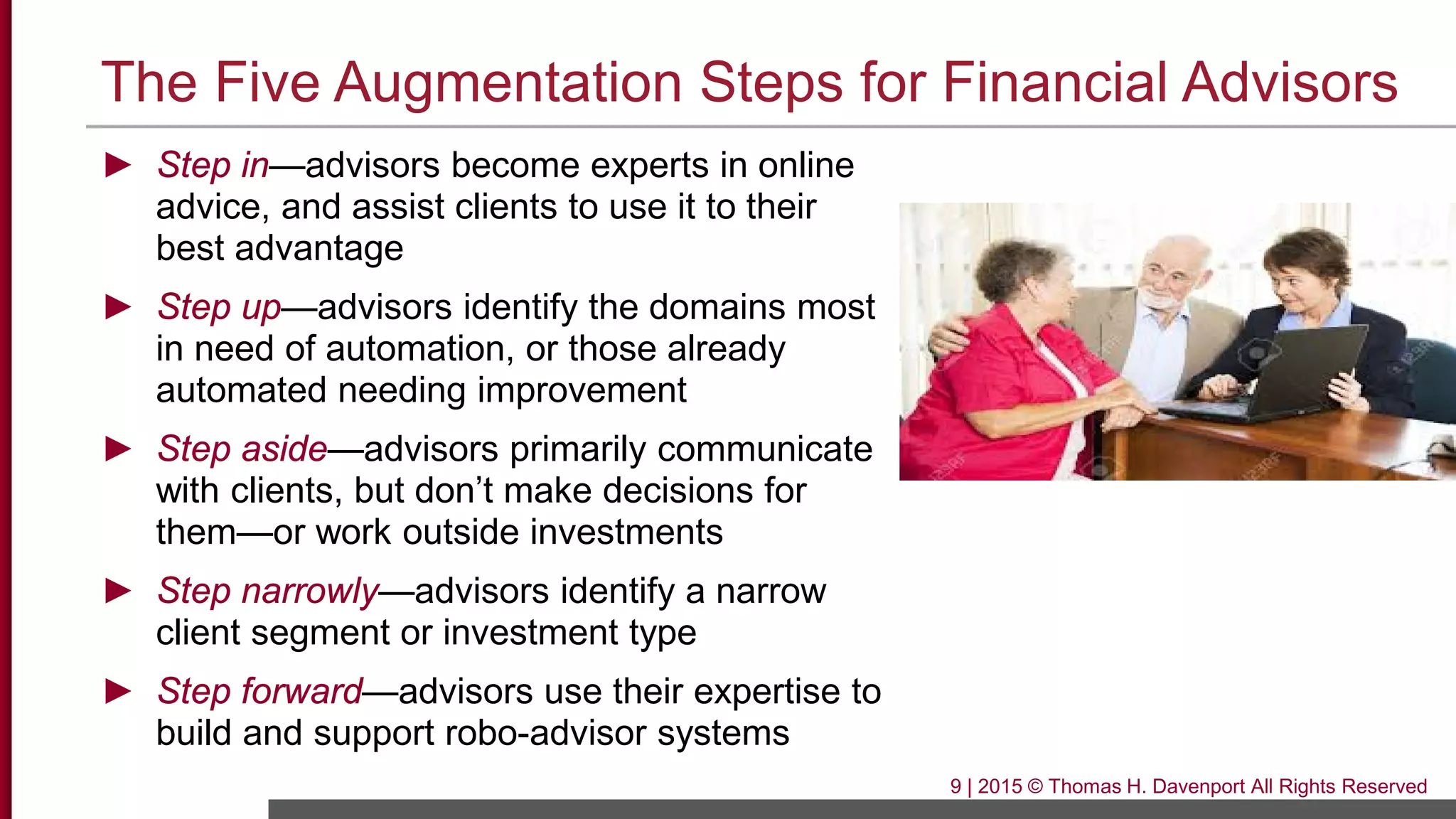 The Five Augmentation Steps for Financial Advisors
► Step in—advisors become experts in online
advice, and assist clients to use it to their
best advantage
► Step up—advisors identify the domains most
in need of automation, or those already
automated needing improvement
► Step aside—advisors primarily communicate
with clients, but don’t make decisions for
them—or work outside investments
► Step narrowly—advisors identify a narrow
client segment or investment type
► Step forward—advisors use their expertise to
build and support robo-advisor systems
9 | 2015 © Thomas H. Davenport All Rights Reserved
 