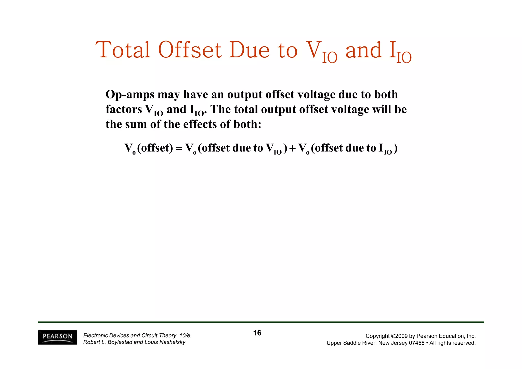 Total Offset Due to VTotal Offset Due to VTotal Offset Due to VTotal Offset Due to VTotal Offset Due to VTotal Offset Due to VTotal Offset Due to VTotal Offset Due to VIOIOIOIOIOIOIOIO and Iand Iand Iand Iand Iand Iand Iand IIOIOIOIOIOIOIOIO
Op-amps may have an output offset voltage due to both
factors VIO and IIO. The total output offset voltage will be
the sum of the effects of both:
)Itodue(offsetV)Vtodue(offsetV(offset)V IOoIOoo +=
Copyright ©2009 by Pearson Education, Inc.
Upper Saddle River, New Jersey 07458 • All rights reserved.
Electronic Devices and Circuit Theory, 10/e
Robert L. Boylestad and Louis Nashelsky
1616
 