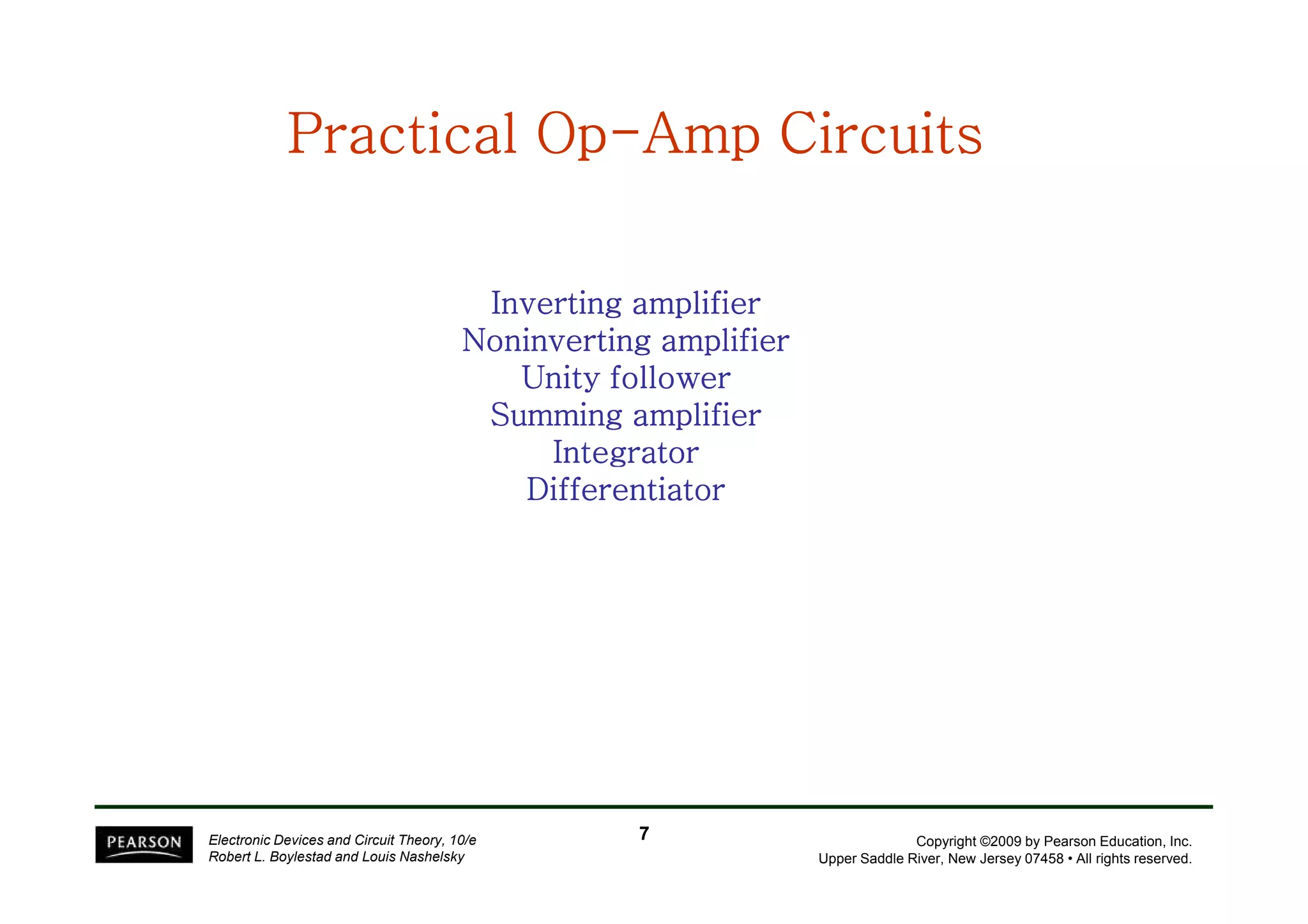 Practical OpPractical OpPractical OpPractical OpPractical OpPractical OpPractical OpPractical Op--------Amp CircuitsAmp CircuitsAmp CircuitsAmp CircuitsAmp CircuitsAmp CircuitsAmp CircuitsAmp Circuits
Inverting amplifierInverting amplifierInverting amplifierInverting amplifierInverting amplifierInverting amplifierInverting amplifierInverting amplifier
Noninverting amplifierNoninverting amplifierNoninverting amplifierNoninverting amplifierNoninverting amplifierNoninverting amplifierNoninverting amplifierNoninverting amplifier
Unity followerUnity followerUnity followerUnity followerUnity followerUnity followerUnity followerUnity follower
Summing amplifierSumming amplifierSumming amplifierSumming amplifierSumming amplifierSumming amplifierSumming amplifierSumming amplifier
IntegratorIntegratorIntegratorIntegratorIntegratorIntegratorIntegratorIntegrator
Copyright ©2009 by Pearson Education, Inc.
Upper Saddle River, New Jersey 07458 • All rights reserved.
Electronic Devices and Circuit Theory, 10/e
Robert L. Boylestad and Louis Nashelsky
IntegratorIntegratorIntegratorIntegratorIntegratorIntegratorIntegratorIntegrator
DifferentiatorDifferentiatorDifferentiatorDifferentiatorDifferentiatorDifferentiatorDifferentiatorDifferentiator
77
 
