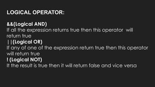 LOGICAL OPERATOR:
&&(Logical AND)
If all the expression returns true then this operator will
return true
||(Logical OR)
If any of one of the expression return true then this operator
will return true
! (Logical NOT)
It the result is true then it will return false and vice versa
 