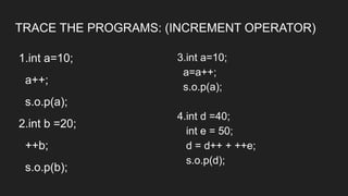 TRACE THE PROGRAMS: (INCREMENT OPERATOR)
1.int a=10;
a++;
s.o.p(a);
2.int b =20;
++b;
s.o.p(b);
3.int a=10;
a=a++;
s.o.p(a);
4.int d =40;
int e = 50;
d = d++ + ++e;
s.o.p(d);
 