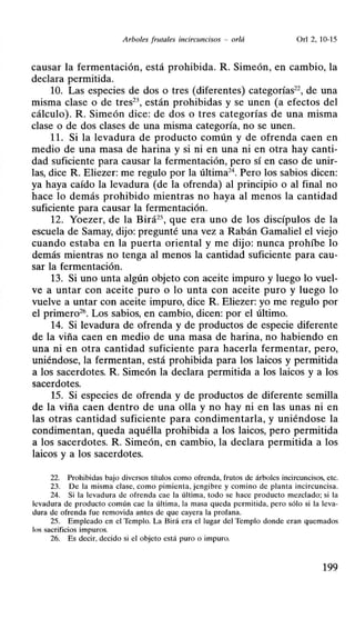 A rboles frwales incirwncisos - orlá Orl 2, 10-15
causar la fermentación, está prohibida. R. Simeón, en cambio, la
declara permitida.
10. Las especies de dos o tres (diferentes) categorías22
, de una
misma clase o de tres2
 están prohibidas y se unen (a efectos del
cálculo). R. Simeón dice: de dos o tres categorías de una misma
clase o de dos clases de una misma categoría, no se unen.
11. Si la levadura de producto común y de ofrenda caen en
medio de una masa de harina y si ni en una ni en otra hay canti-
dad suficiente para causar la fermentación, pero sí en caso de unir-
las, dice R. Eliezer: me regulo por la última24
• Pero los sabios dicen:
ya haya caído la levadura (de la ofrenda) al principio o al final no
hace lo demás prohibido mientras no haya al menos la cantidad
suficiente para causar la fermentación.
12. Yoezer, de la Birá25
, que era uno de los discípulos de la
escuela de Samay, dijo: pregunté una vez a Rabán Gamaliel el viejo
cuando estaba en la puerta oriental y me dijo: nunca prohíbe lo
demás mientras no tenga al menos la cantidad suficiente para cau-
sar la fermentación.
13. Si uno unta algún objeto con aceite impuro y luego lo vuel-
ve a untar con aceite puro o lo unta con aceite puro y luego lo
vuelve a untar con aceite impuro, dice R. Eliezer: yo me regulo por
el primero26
. Los sabios, en cambio, dicen: por el último.
14. Si levadura de ofrenda y de productos de especie diferente
de la viña caen en medio de una masa de harina, no habiendo en
una ni en otra cantidad suficiente para hacerla fermentar, pero,
uniéndose, la fermentan, está prohibida para los laicos y permitida
a los sacerdotes. R. Simeón la declara permitida a los laicos y a los
sacerdotes.
15. Si especies de ofrenda y de productos de diferente semilla
de la viña caen dentro de una olla y no hay ni en las unas ni en
las otras cantidad suficiente para condimentada, y uniéndose la
condimentan, queda aquélla prohibida a los laicos, pero permitida
a los sacerdotes. R. Simeón, en cambio, la declara permitida a los
laicos y a los sacerdotes.
22. Prohibidas bajo diversos títulos como ofrenda, frutos de árboles incircuncisos, etc.
23. De la misma clase, como pimienta, jengibre y comino de planta incircuncisa.
24. Si la levadura de ofrenda cae la última, todo se hace producto mezclado; si la
levadura de producto común cae la última, la masa queda permitida. pero sólo si la leva-
dura de ofrenda fue removida antes de que cayera la profana.
25. Empleado en el Templo. La Birá era el lugar del Templo donde eran quemados
los sacrificios impuros.
26. Es decir. decido si el objeto está puro o impuro.
199
 