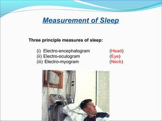 Measurement of Sleep
Three principle measures of sleep:
(i) Electro-encephalogram (Head)
(ii) Electro-oculogram (Eye)
(iii) Electro-myogram (Neck)
 