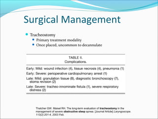 Surgical Management
 Tracheostomy
 Primary treatment modality
 Once placed, uncommon to decannulate
Thatcher GW. Maisel RH. The long-term evaluation of tracheostomy in the
management of severe obstructive sleep apnea. [Journal Article] Laryngoscope.
113(2):201-4, 2003 Feb.
 
