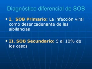 Diagnóstico diferencial de SOB I.  SOB Primario:   La infección viral como desencadenante de las sibilancias II. SOB Secundario:   5 al 10% de los casos 