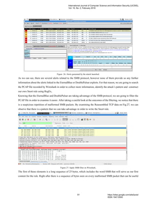 Figure 26: Alerts generated by the attack launched.
As we can see, there are several alerts related to the SMB protocol, however none of them provide us any further
information about the alerts linked to the EternalBlue or DoublePulsar exploits. For that reason, we are going to search
the PCAP file recorded by Wireshark in order to collect more information, identify the attack’s pattern and construct
our own Snort rule using RegEx,
Knowing that the EternalBlue and DoublePulsar are taking advantage of the SMB protocol, we are going to filter the
PCAP file in order to examine it easier. After taking a careful look at the outcomes of the filtering, we notice that there
is a suspicious repetition of malformed SMB packets. By examining the Reassembled TCP data on Fig.27, we can
observe that there is a pattern that we can take advantage in order to write the Snort rule.
Figure 27: Apply SMB filter on Wireshark.
The first of these elements is a long sequence of 25 bytes, which includes the word SMB that will serve as our first
content for the rule. Right after there is a sequence of bytes seen on every malformed SMB packet that can be useful
International Journal of Computer Science and Information Security (IJCSIS),
Vol. 16, No. 2, February 2018
91 https://sites.google.com/site/ijcsis/
ISSN 1947-5500
 