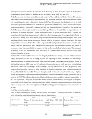 and Exposures database under the ID CVE-2017-0144. According to them, the exploit targets all the Windows
versions starting from Windows XP and latest, as well as Windows Server 2008, 2012 and 2016.
DoublePulsar, on the other hand, is a backdoor tool, developed by NSA and leaked by Shadow Brokers. The malware
is a Windows-based threat that served as a cyber spying tool. As already mentioned, the malware works in combo
with EternalBlue exploit and it is delivered by abusing the TCP port 445, which is, also, the default port for the SMB
protocol. Except from the SMB protocol, DoublePulsar, apart from the SMB protocol, can use another exploit related
to the Remote Desktop Protocol (RDP) to spread itself, this time from the TCP and UDP port 3389. The payload that
DoublePulsar can utilize, might actually be considerably large. The size of the payload has its origin to the need of
the malware to recognize the victim’s system architecture in order to perform a successful attack. Although, the
morphology of both payloads architecture (x86 and x64) are almost identical, using the wrong payload will result in
an unsuccessful attempt attack. Later we are going to demonstrate how by sniffing and recording the traffic, with
Wireshark and TCP Dump, we can monitor the abnormal behavior the malware causes to the network. The great
danger with this malware is the fact that it offers a high level of flexibility to the attackers once it is installed in the
system. It has been, also, reported that it is very difficult to get rid of it from the infected machines. It is capable of
performing a triplet of actions, which is the source of the high level of control offered to the intruders. This commands
are the ping, kill and exec, with the latest being extra critical, as it can be used for executing malicious code in order
to infect even further the target.
The EternalBlue and DoublePulsar attacks are used alongside, the first one for creating a backdoor and the second one
helping the injection of DLL files by using payloads. For exploiting the SMB vulnerability and performing a
DoublePulsar attack, we need a second system in the role of the attacker, running Kali Linux Operating System. A
third machine, acting as IDPS, in our case SO via Snort, will monitor the network traffic and record it with the help
of Wireshark. At the same time the Sguil interface under SO, will help us be aware of the attack, by generating alerts
triggering from Snort rules. Later we are going to evaluate the detection rules related to the SMB vulnerability with
the use of the PCAP file, recorded by Wireshark during the attack. For this will write a Snort rule using a RegExp,
capable of helping the IDPS perform a better matching pattern. At the next step we are going to evaluate this rule by
replaying the PCAP file and check the reaction of Sguil, with the new rule. A good knowledge and understanding of
the Cyber Exploitation Life Cycle is also needed in order to be able to perform the attack and recognize its “footprint”
within the PCAP file. Finally, we will present the results and our evaluations regarding the outcomes of the method
and we are going to show that proper application of RegEx matching pattern actually improves the performance of
the IDPS.
A brief description of the attack environment
There are three different virtual machines. The first system is a Windows 7 virtual machine, named as IE8-Win7,
which will play the role of the victim and has the following characteristics:
Victim Attacker IDS
Operating System Windows 7 Enterprise Service
Pack 1
: Kali Linux 4.6.0 (Kali-
Rolling)
Security Onion 14.04.5.4
Architecture 32 bits 64 bits 64 bits
International Journal of Computer Science and Information Security (IJCSIS),
Vol. 16, No. 2, February 2018
83 https://sites.google.com/site/ijcsis/
ISSN 1947-5500
 