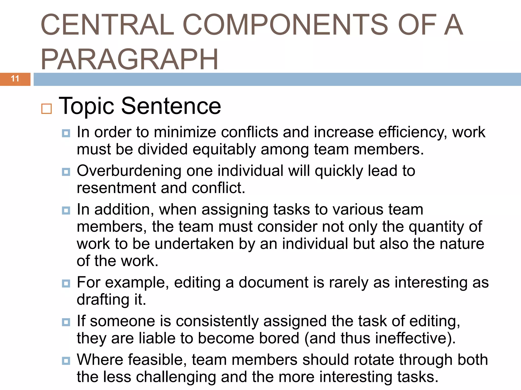 CENTRAL COMPONENTS OF A
PARAGRAPH
 Topic Sentence
 In order to minimize conflicts and increase efficiency, work
must be divided equitably among team members.
 Overburdening one individual will quickly lead to
resentment and conflict.
 In addition, when assigning tasks to various team
members, the team must consider not only the quantity of
work to be undertaken by an individual but also the nature
of the work.
 For example, editing a document is rarely as interesting as
drafting it.
 If someone is consistently assigned the task of editing,
they are liable to become bored (and thus ineffective).
 Where feasible, team members should rotate through both
the less challenging and the more interesting tasks.
11
 