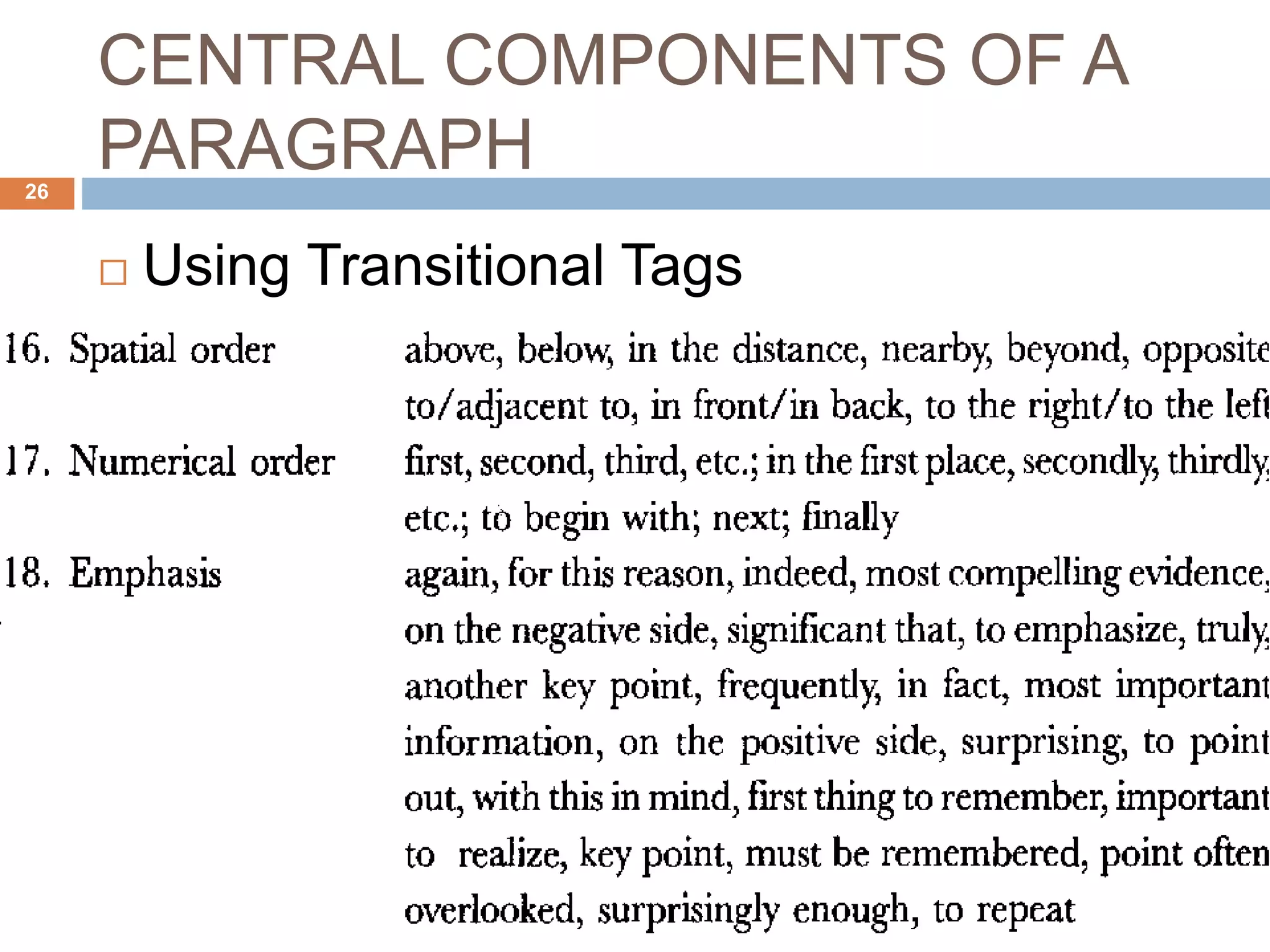 CENTRAL COMPONENTS OF A
PARAGRAPH
 Using Transitional Tags
26
 