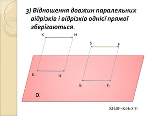 3) Відношення довжин паралельних
відрізків і відрізків однієї прямої
зберігаються.
α
K H
S F
K1
H1
S1 F1
KH:SF=K1H1:S1F1
 