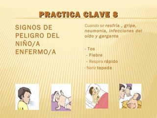 PRACTICA CLAVE 8PRACTICA CLAVE 8
SIGNOS DE
PELIGRO DEL
NIÑO/A
ENFERMO/A
Cuando se resfría , gripe,
neumonía, infecciones del
oído y garganta
- Tos
- Fiebre
- Respira rápido
- Nariz tapada
 