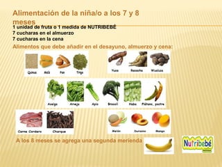Alimentación de la niña/o a los 7 y 8
meses
1 unidad de fruta o 1 medida de NUTRIBEBÉ
7 cucharas en el almuerzo
7 cucharas en la cena
Alimentos que debe añadir en el desayuno, almuerzo y cena:
A los 8 meses se agrega una segunda merienda
 