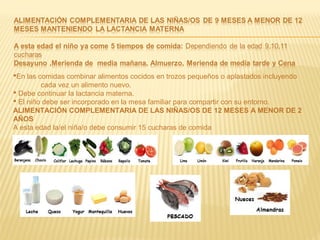 En las comidas combinar alimentos cocidos en trozos pequeños o aplastados incluyendo
cada vez un alimento nuevo.
 Debe continuar la lactancia materna.
 El niño debe ser incorporado en la mesa familiar para compartir con su entorno.
ALIMENTACIÓN COMPLEMENTARIA DE LAS NIÑAS/OS DE 12 MESES A MENOR DE 2
AÑOS
A esta edad la/el niña/o debe consumir 15 cucharas de comida
 