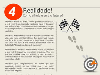 Realidade!
Depois de definir sua meta , e saber quando será alcançada,
e se é possível ser alcançada, o próximo passo é descrever
sua realidade hoje, principalmente ser for uma meta em que
você vem prometendo cumprir várias vezes e não consegue
realizá-la.
Descrição da realidade é avaliar de maneira detalhada o seu
dia a dia, o que você faz todos os dias. Como você planeja
seu dia a dia, o que exatamente te impediu de conquistar
esta meta até hoje? É um hábito? Sentimento? Falta de
habilidade? Uma circunstância do momento?
O momento de descrição da realidade é avaliar, ou perceber
o que pode te impedir de concretizar seu desejo. Uma vez
que sua realidade atual for avaliada, o passo seguinte é
definir qual será a realidade ideal a você para se colocar no
seu melhor estado.
Descreva qual comportamento, ou hábito que será
necessário incluir na sua rotina para ter maior
desempenho, quais conhecimentos e habilidades serão
necessários adquirir.
Como é hoje e será o futuro?
5
 