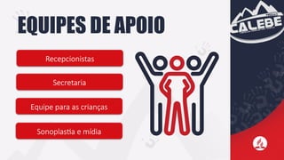 EQUIPES DE APOIO
Recepcionistas
Secretaria
Equipe para as crianças
Sonoplastia e mídia
 
