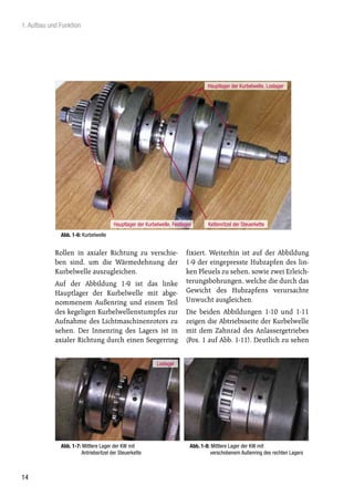 1. Aufbau und Funktion




                                                                                  Hauptlager der Kurbelwelle, Loslager




                                       Hauptlager der Kurbelwelle, Festlager       Kettenritzel der Steuerkette
              Abb. 1-6: Kurbelwelle


            Rollen in axialer Richtung zu verschie-                      fixiert. Weiterhin ist auf der Abbildung
            ben sind, um die Wärmedehnung der                            1-9 der eingepresste Hubzapfen des lin-
            Kurbelwelle auszugleichen.                                   ken Pleuels zu sehen, sowie zwei Erleich-
            Auf der Abbildung 1-9 ist das linke                          terungsbohrungen, welche die durch das
            Hauptlager der Kurbelwelle mit abge-                         Gewicht des Hubzapfens verursachte
            nommenem Außenring und einem Teil                            Unwucht ausgleichen.
            des kegeligen Kurbelwellenstumpfes zur                       Die beiden Abbildungen 1-10 und 1-11
            Aufnahme des Lichtmaschinenrotors zu                         zeigen die Abtriebsseite der Kurbelwelle
            sehen. Der Innenring des Lagers ist in                       mit dem Zahnrad des Anlassergetriebes
            axialer Richtung durch einen Seegerring                      (Pos. 1 auf Abb. 1-11). Deutlich zu sehen


                                                           Loslager




              Abb. 1-7: Mittlere Lager der KW mit                          Abb. 1-8: Mittlere Lager der KW mit
                       Antriebsritzel der Steuerkette                               verschobenem Außenring des rechten Lagers



14
 
